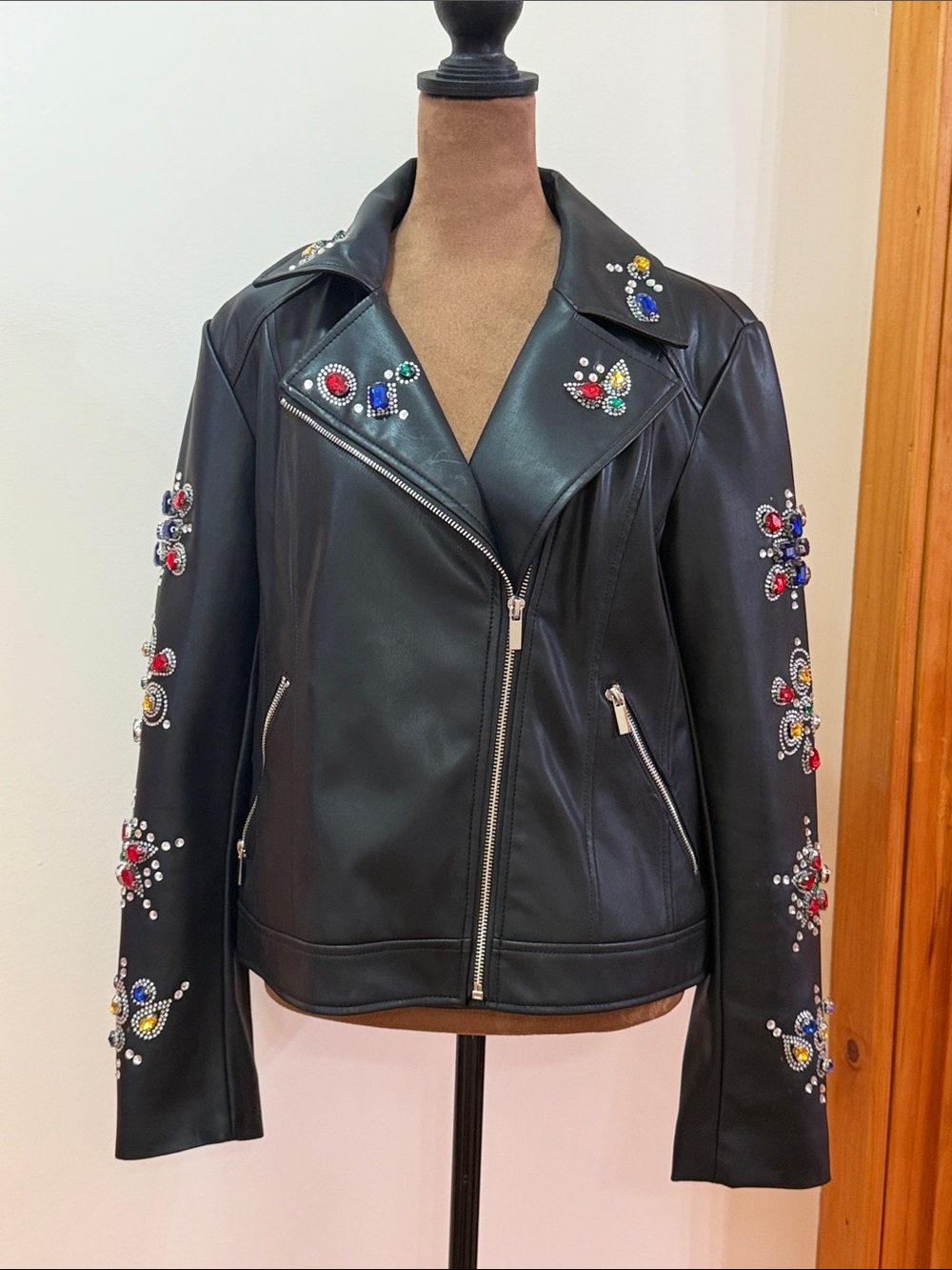 Bagatelle Black Embellished Faux Leather Jacket. Size M Rhinestones and Jewelry